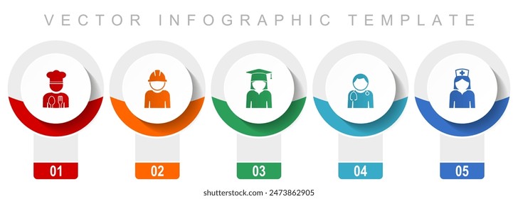 Human resources icon set, miscellaneous vector icons such as chef, worker, student, doctor and nurse, modern design infographic template, web buttons in 5 color options