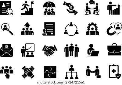 Conjunto de iconos de Recursos Humanos. Reclutamiento y Símbolo Empresarial. Contiene empleo, recursos humanos, equipo, personas, trabajo en equipo, candidato, Acuerdos, carrera, comunicación y más. Ilustración vectorial.
