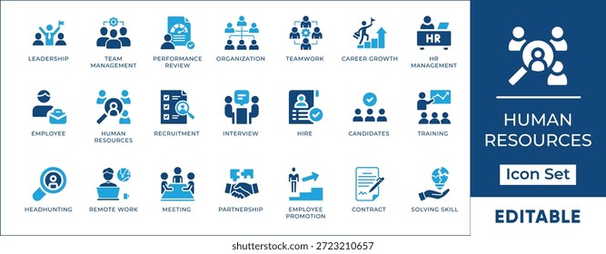 Conjunto de íconos de recursos humanos: adquisición de talento y símbolos de liderazgo de Equipo.