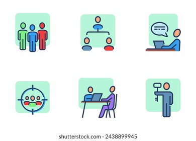 Human resources icon set. Team, head hunter searching, interviewing candidate, company staff organization. HR concept. Can be used for topics like business, employment, recruiting