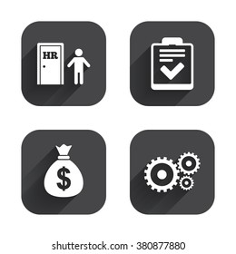 Human resources icons. Checklist document sign. Money bag and gear symbols. Man at the door. Square flat buttons with long shadow.