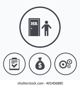 Human resources icons. Checklist document sign. Money bag and gear symbols. Man at the door. Icons in circles.