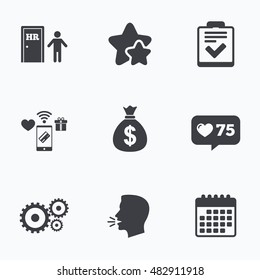 Human resources icons. Checklist document sign. Money bag and gear symbols. Man at the door. Flat talking head, calendar icons. Stars, like counter icons. Vector