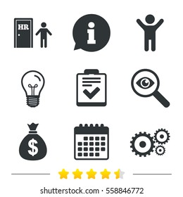 Human resources icons. Checklist document sign. Money bag and gear symbols. Man at the door. Information, light bulb and calendar icons. Investigate magnifier. Vector
