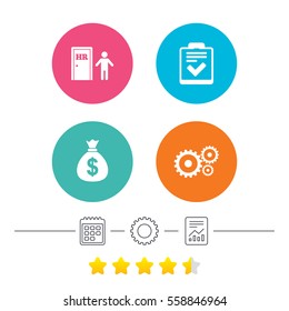 Human resources icons. Checklist document sign. Money bag and gear symbols. Man at the door. Calendar, cogwheel and report linear icons. Star vote ranking. Vector