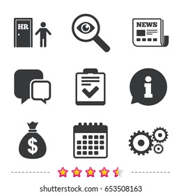 Human resources icons. Checklist document sign. Money bag and gear symbols. Man at the door. Newspaper, information and calendar icons. Investigate magnifier, chat symbol. Vector