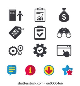 Human resources icons. Checklist document sign. Money bag and gear symbols. Man at the door. Browser window, Report and Service signs. Binoculars, Information and Download icons. Stars and Chat