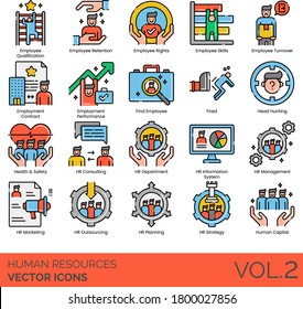 Human resources icons including employee qualification, retention, rights, skill, turnover, employment contract, performance, fired, headhunting, health, safety, HR consulting, department, information