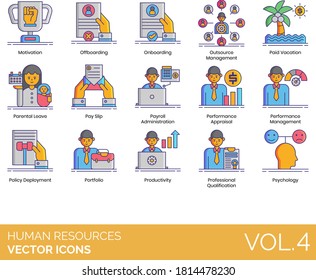 Human resources icons including offboarding, onboarding, outsource management, paid vacation, parental leave, payroll administration, performance appraisal, policy deployment, portfolio, psychology.