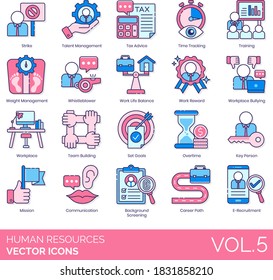 Human resources icons including talent, tax advice, time tracking, training, whistleblower, work-life balance, reward, set goals, overtime, key person, mission, background screening, career path.