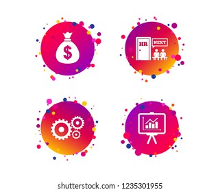 Human resources icons. Presentation board with charts signs. Money bag and gear symbols. Man at the door. Gradient circle buttons with icons. Random dots design. Vector Human resources icons. Presentation board with charts signs. Money bag and gear symbols. Man at the door. Gradient circle buttons with icons. Random dots design. Vector