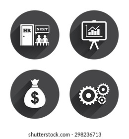 Human resources icons. Presentation board with charts signs. Money bag and gear symbols. Man at the door. Circles buttons with long flat shadow. Vector