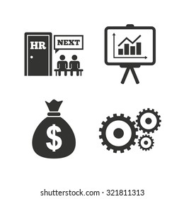 Human resources icons. Presentation board with charts signs. Money bag and gear symbols. Man at the door. Flat icons on white. Vector
