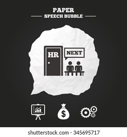 Human resources icons. Presentation board with charts signs. Money bag and gear symbols. Man at the door. Paper speech bubble with icon.