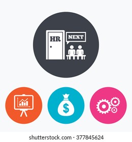 Human resources icons. Presentation board with charts signs. Money bag and gear symbols. Man at the door. Circle flat buttons with icon.