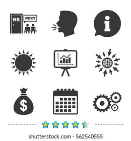 Human resources icons. Presentation board with charts signs. Money bag and gear symbols. Man at the door. Information, go to web and calendar icons. Sun and loud speak symbol. Vector
