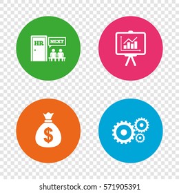Human resources icons. Presentation board with charts signs. Money bag and gear symbols. Man at the door. Round buttons on transparent background. Vector