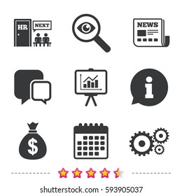 Human resources icons. Presentation board with charts signs. Money bag and gear symbols. Man at the door. Newspaper, information and calendar icons. Investigate magnifier, chat symbol. Vector