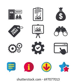 Human resources icons. Presentation board with charts signs. Money bag and gear symbols. Man at the door. Browser window, Report and Service signs. Binoculars, Information and Download icons. Vector