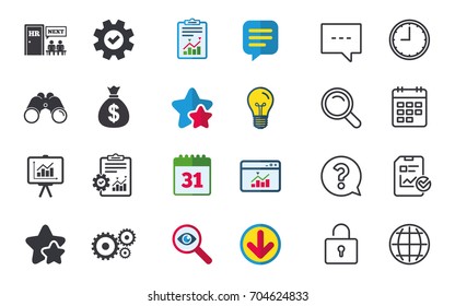 Human resources icons. Presentation board with charts signs. Money bag and gear symbols. Man at the door. Chat, Report and Calendar signs. Stars, Statistics and Download icons. Vector