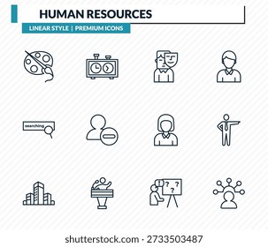 conjunto de ícones de recursos humanos - arte, relógio de xadrez, aparência, chefe, habilidades coleção de vetores de contorno.