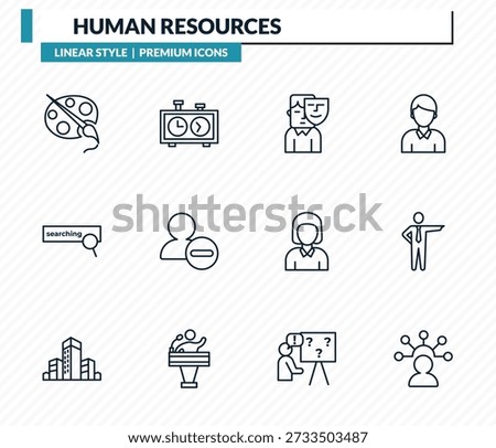 human resources icons set - art, chess clock, appearance, boss, skills outline vector collection.