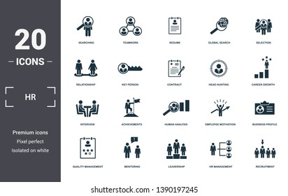 Human Resources icons set collection. Includes simple elements such as Searching, Teamwork, Resume, Global Search, Selection, Achievements and Human Analysis premium icons.