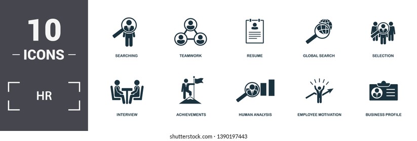 Human Resources icons set collection. Includes simple elements such as Searching, Teamwork, Resume, Global Search, Selection, Achievements and Human Analysis premium icons.