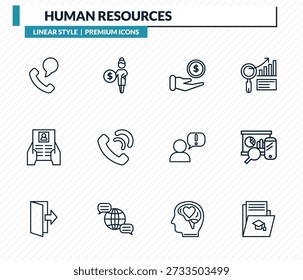 human resources icons set - contact, pension, earnings, balanced scorecard, curriculum outline vector collection.
