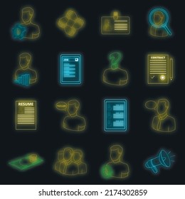 Human resources icons set. Illustration of 16 human resources vector icons neon color on black