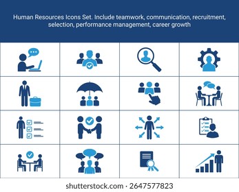 Conjunto de Ícones de Recursos Humanos. Incluir trabalho em equipe, comunicação, recrutamento, seleção,
gerenciamento de desempenho, crescimento de carreira. ícones planos e sólidos. Ícones de Gerenciamento de Recursos Humanos