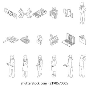 Los iconos de recursos humanos se configuran. Conjunto isométrico de los iconos vectoriales de los recursos humanos esbozan la línea delgada aislada en blanco