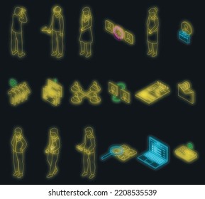 Human Resources Icons Set. Isometric Set Of Human Resources Vector Icons Neon Color On Black