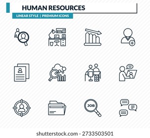 conjunto de ícones de recursos humanos - recursos humanos, escritório, atrito, videoconferência, coleção de vetor de esboço de diálogo.