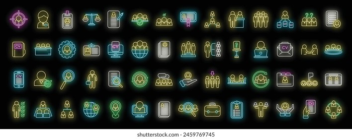Human resources icons set outline vector. Leadership mentor. Training culture neon color on black