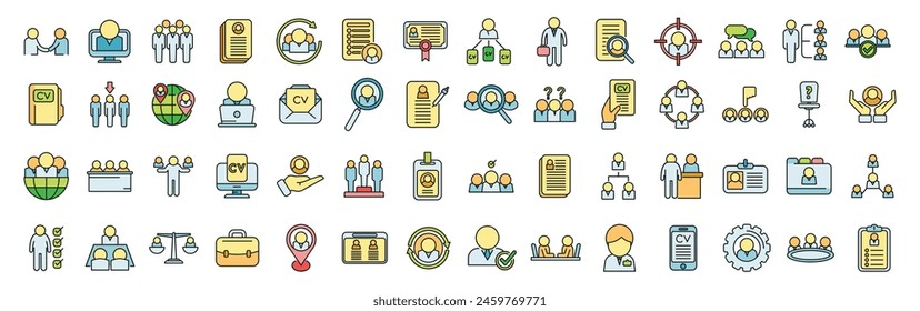 Los iconos de recursos humanos establecen el Vector de esquema. Tutor de liderazgo. Cultura de entrenamiento de línea fina de color plana sobre blanco