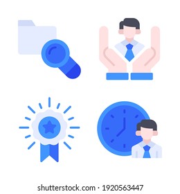 recursos humanos Icons Set = documento de búsqueda, empleado de la mano, certificado, tiempo de trabajo. Perfecto para aplicaciones móviles de sitios web, iconos de aplicaciones, presentación, ilustración y cualquier otro proyecto.
