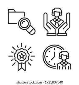 recursos humanos Icons Set = documento de búsqueda, empleado de la mano, certificado, tiempo de trabajo. Perfecto para aplicaciones móviles de sitios web, iconos de aplicaciones, presentación, ilustración y cualquier otro proyecto.