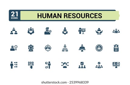 Iconos de recursos humanos establecidos en estilo sólido. Contiene empleados, trabajo, negocios, industria, recursos humanos, ciclo económico. Icono de concepto lleno. Vector plano simple.