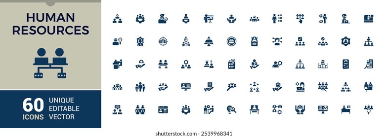 Human resources icons set in solid style. Containing employee, work, business, industry, hr, cycle economy. Filled concept icon. Simple flat vector.