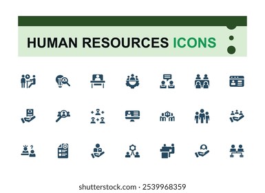 Iconos de recursos humanos establecidos en estilo sólido. Contiene empleados, trabajo, negocios, industria, recursos humanos, ciclo económico. Icono de concepto lleno. Vector plano simple.