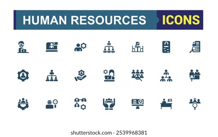 Iconos de recursos humanos establecidos en estilo sólido. Contiene empleados, trabajo, negocios, industria, recursos humanos, ciclo económico. Icono de concepto lleno. Vector plano simple.