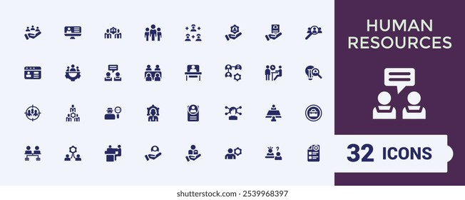 Iconos de recursos humanos establecidos en estilo sólido. Contiene empleados, trabajo, negocios, industria, recursos humanos, ciclo económico. Icono de concepto lleno. Vector plano simple.