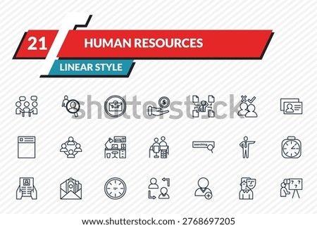 human resources icons set - teamwork, human resources, job, appearance, problems outline vector collection.