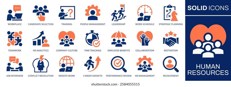 Human resources icons, such as recruitment, hr management, collaboration, teamwork and more. Vector illustration. Easily changes to any color.