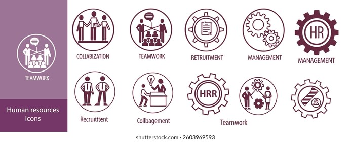 Human resources icons, such as recruitment, hr management, collaboration, teamwork and more. Vector illustration. Easily changes to any color.