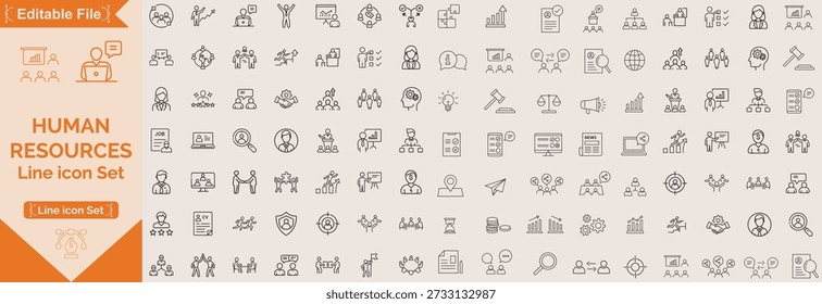 Human resources icons, such as recruitment, teamwork, employee management, job and more. Vector illustration isolated on white. Editable stroke.