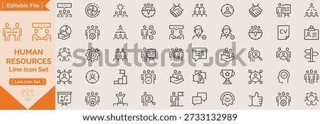 Human resources icons, such as recruitment, teamwork, employee management, job and more. Vector illustration isolated on white. Editable stroke.