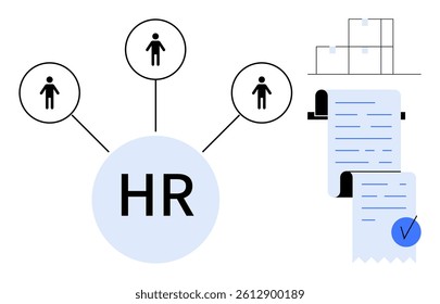 Human Resources interconnected with individuals, checklist and organizational chart. Ideal for HR management, workforce planning, employee relations, organization structure, and document
