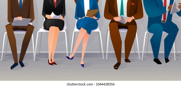 Human resources interview recruitment. Job concept. People sitting on the chairs at the office. Vector illustration